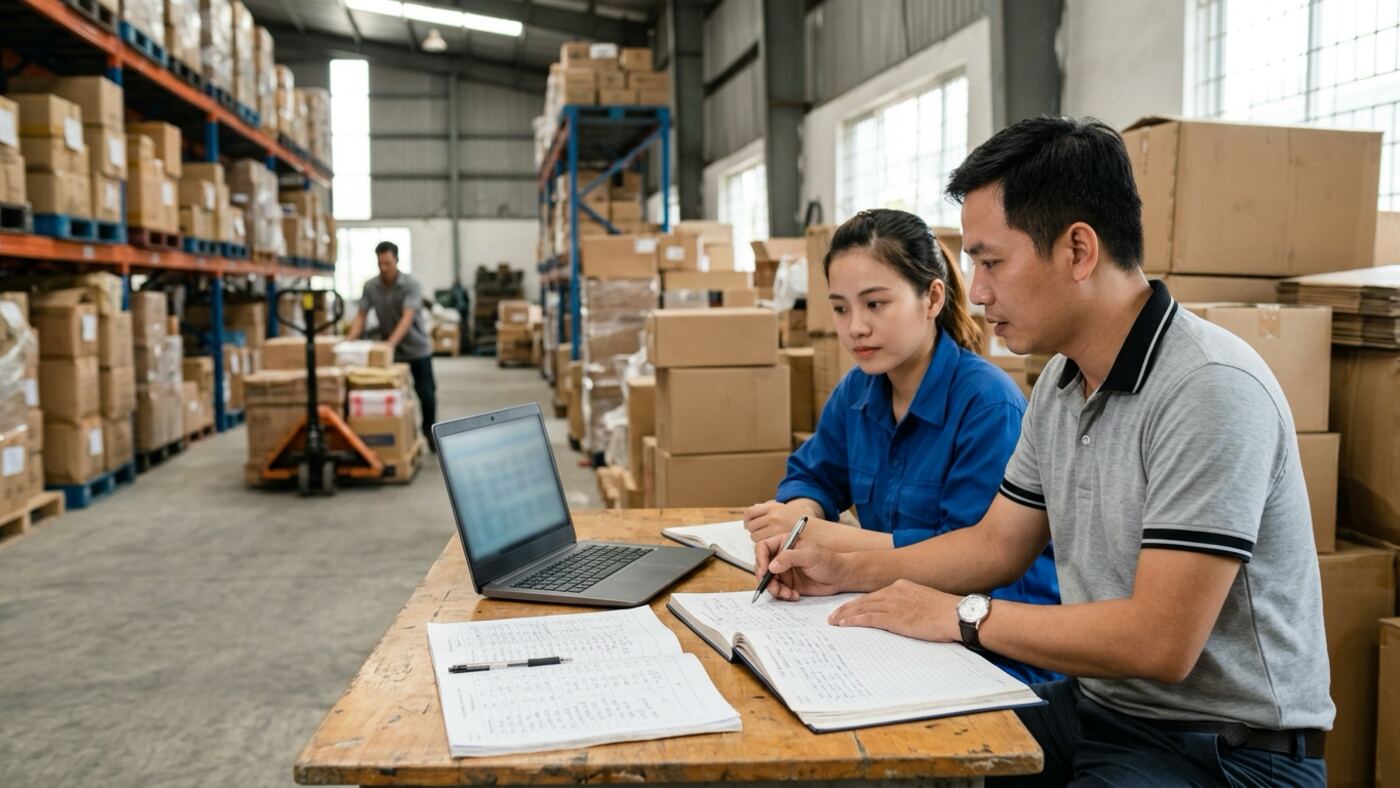 Nhân viên quản lý kho kiểm tra đối soát chuyển khoản đơn hàng